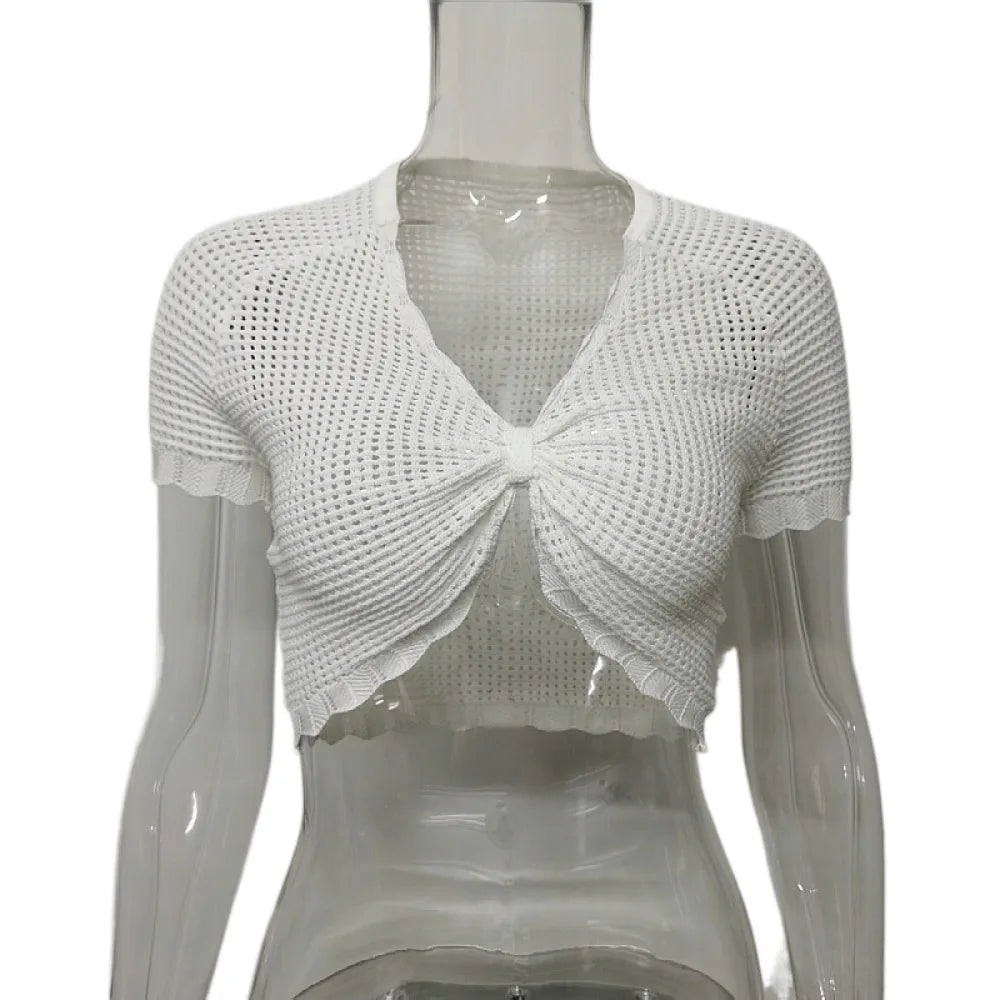 Knit Hollow Short-Sleeved Wrapped Vest Top