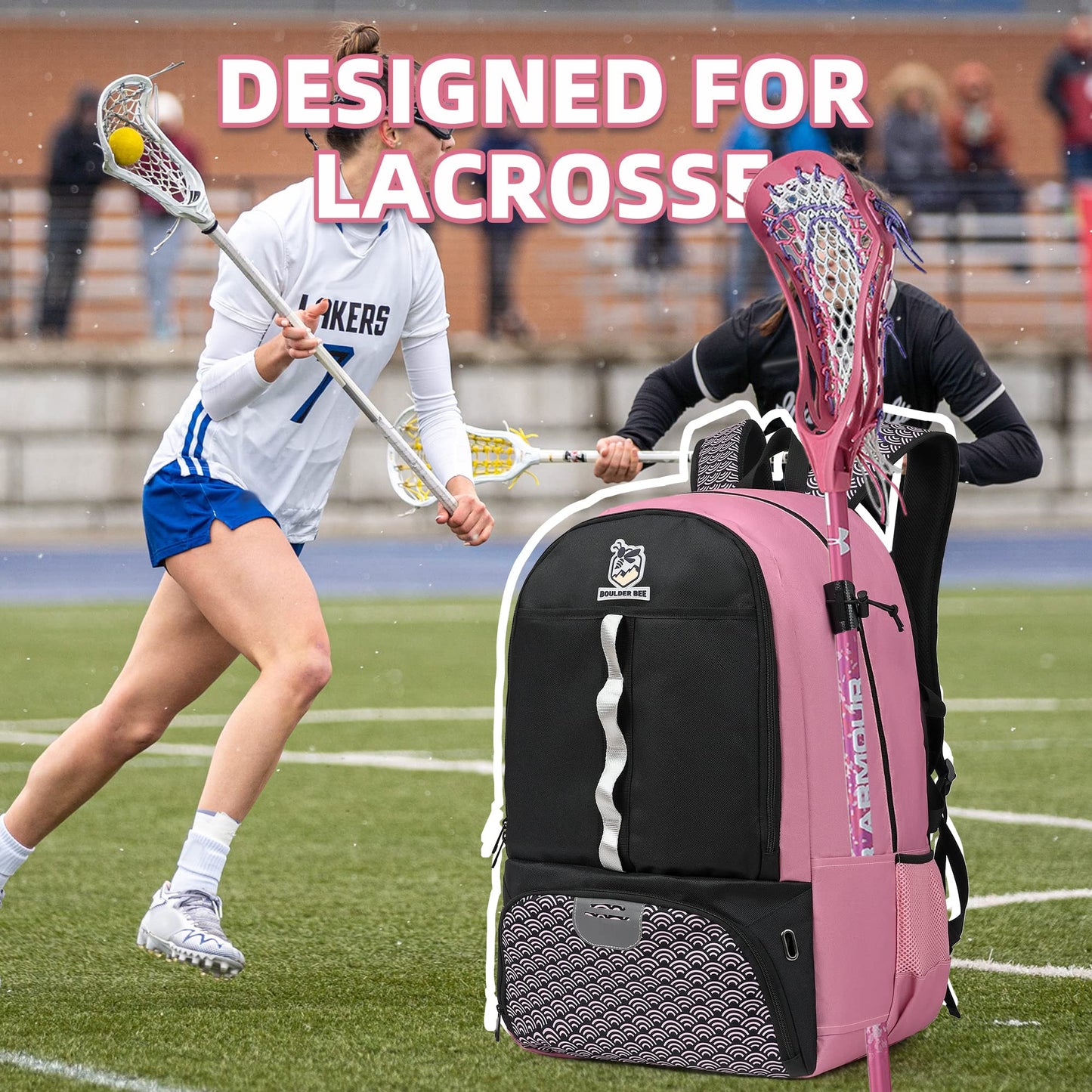 BOULDER BEE | Lacrosse Backpack | Lacrosse Bags with Stick Holders | Field Hockey Bag | Lacrosse Gift for Women