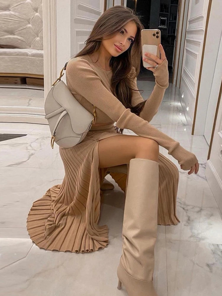 Solid Sexy Sweater Cropped Top Midi Skirt Two Piece Set