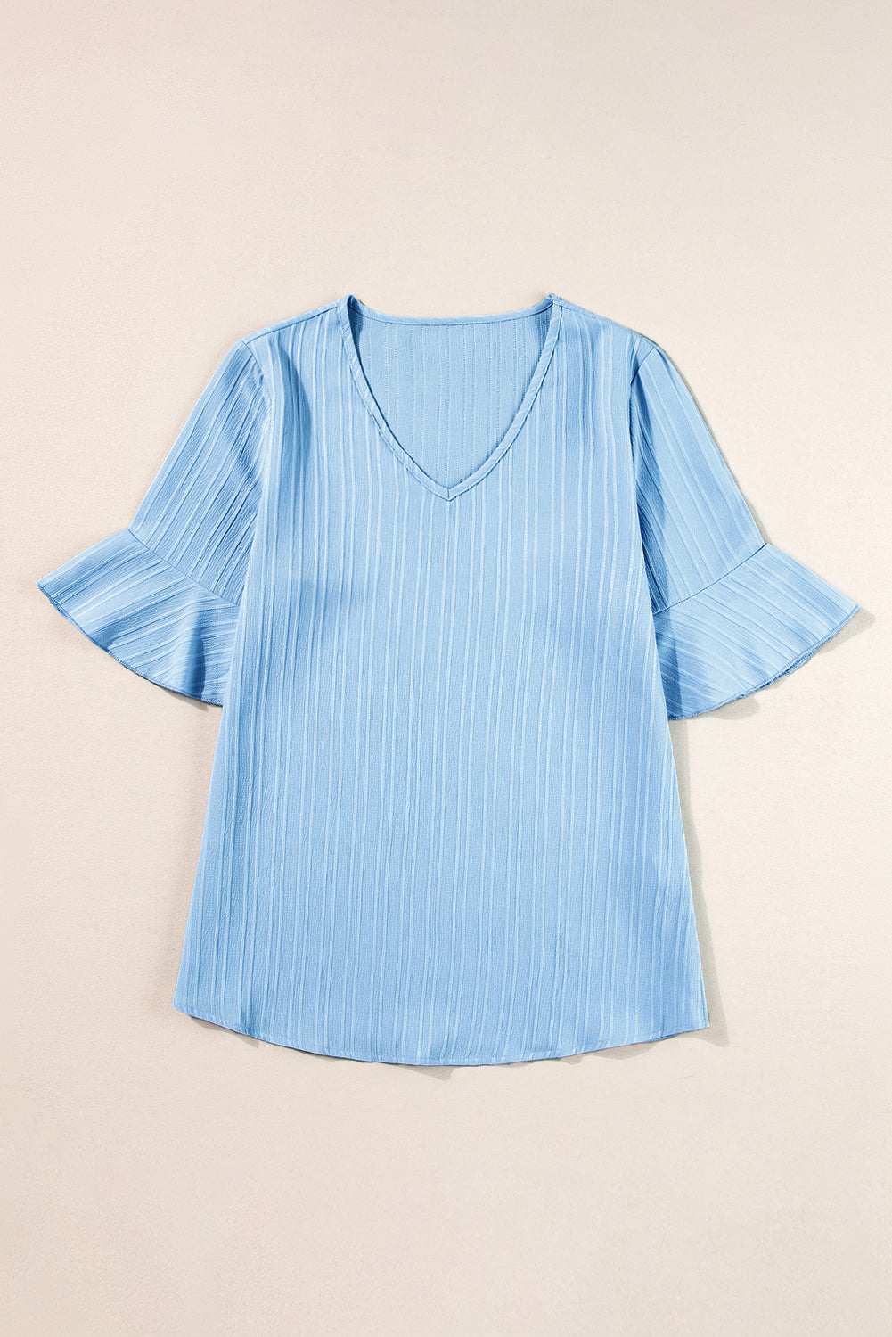 Peach Blossom Ruffled Half Sleeve V Neck Textured Top