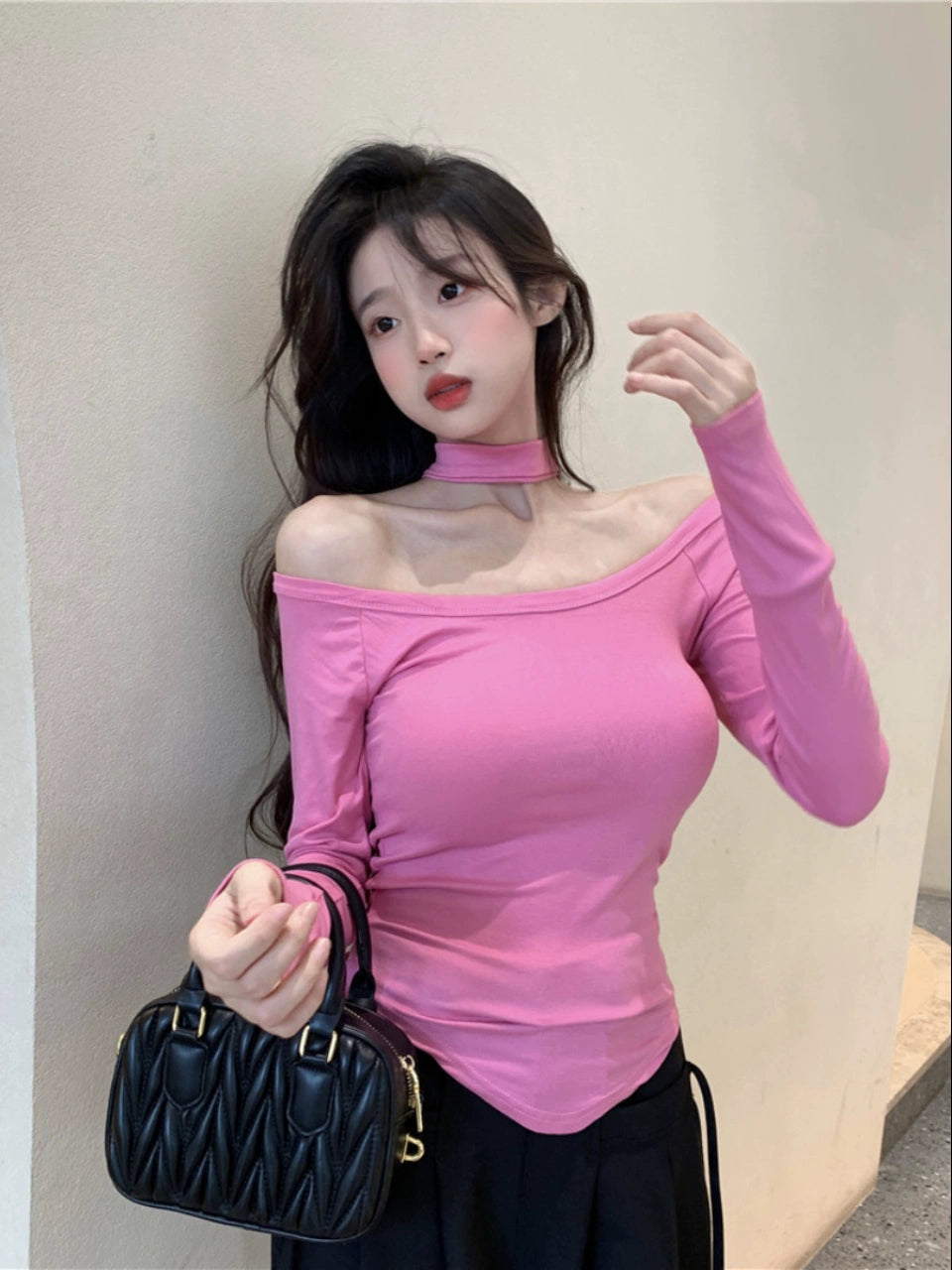 Off-Shoulder Collar Autumn Pink Slim Fit Long-Sleeved T-shirt