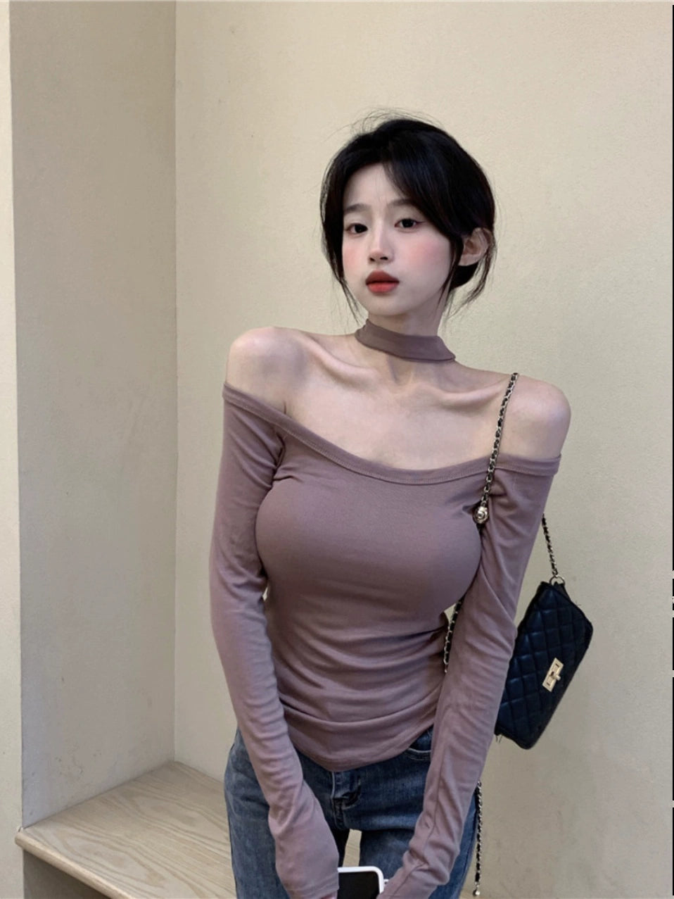 Off-Shoulder Collar Autumn Pink Slim Fit Long-Sleeved T-shirt