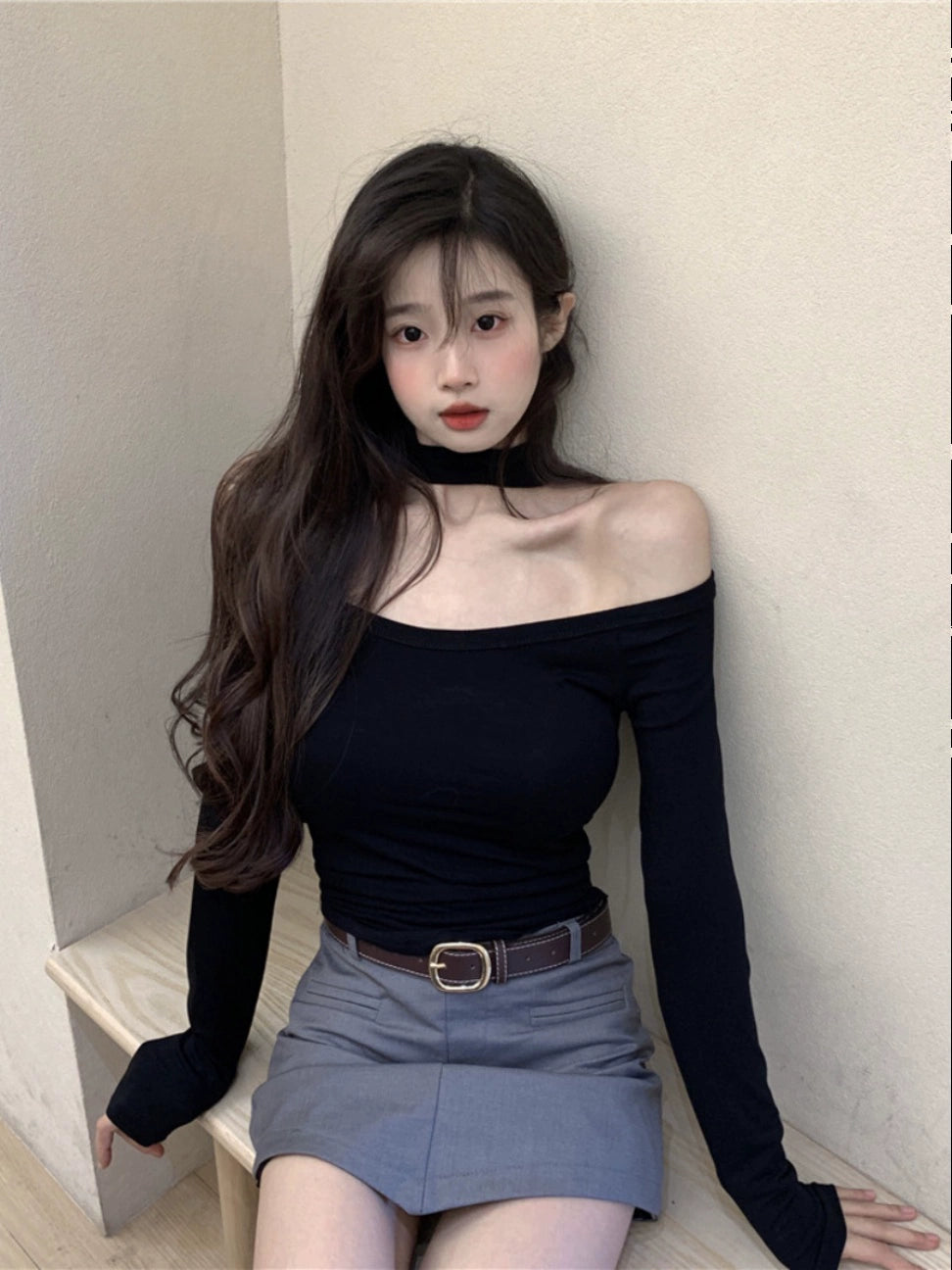 Off-Shoulder Collar Autumn Pink Slim Fit Long-Sleeved T-shirt