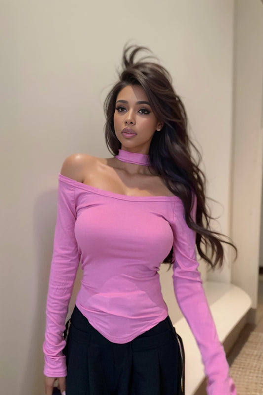 Off-Shoulder Collar Autumn Pink Slim Fit Long-Sleeved T-shirt