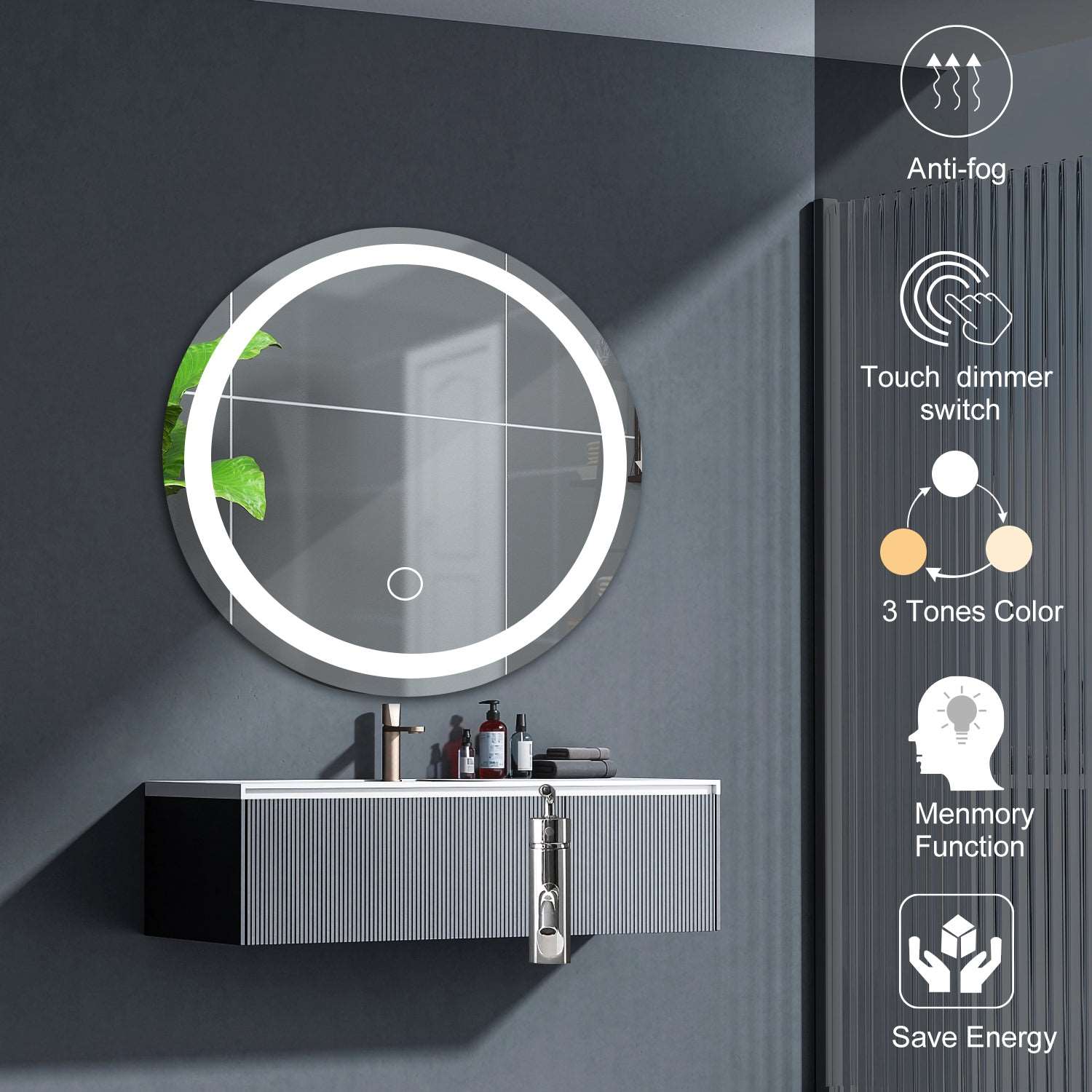 24 Inch LED Round Bathroom Mirror ANTI-FOGGING AND WATERPROOF