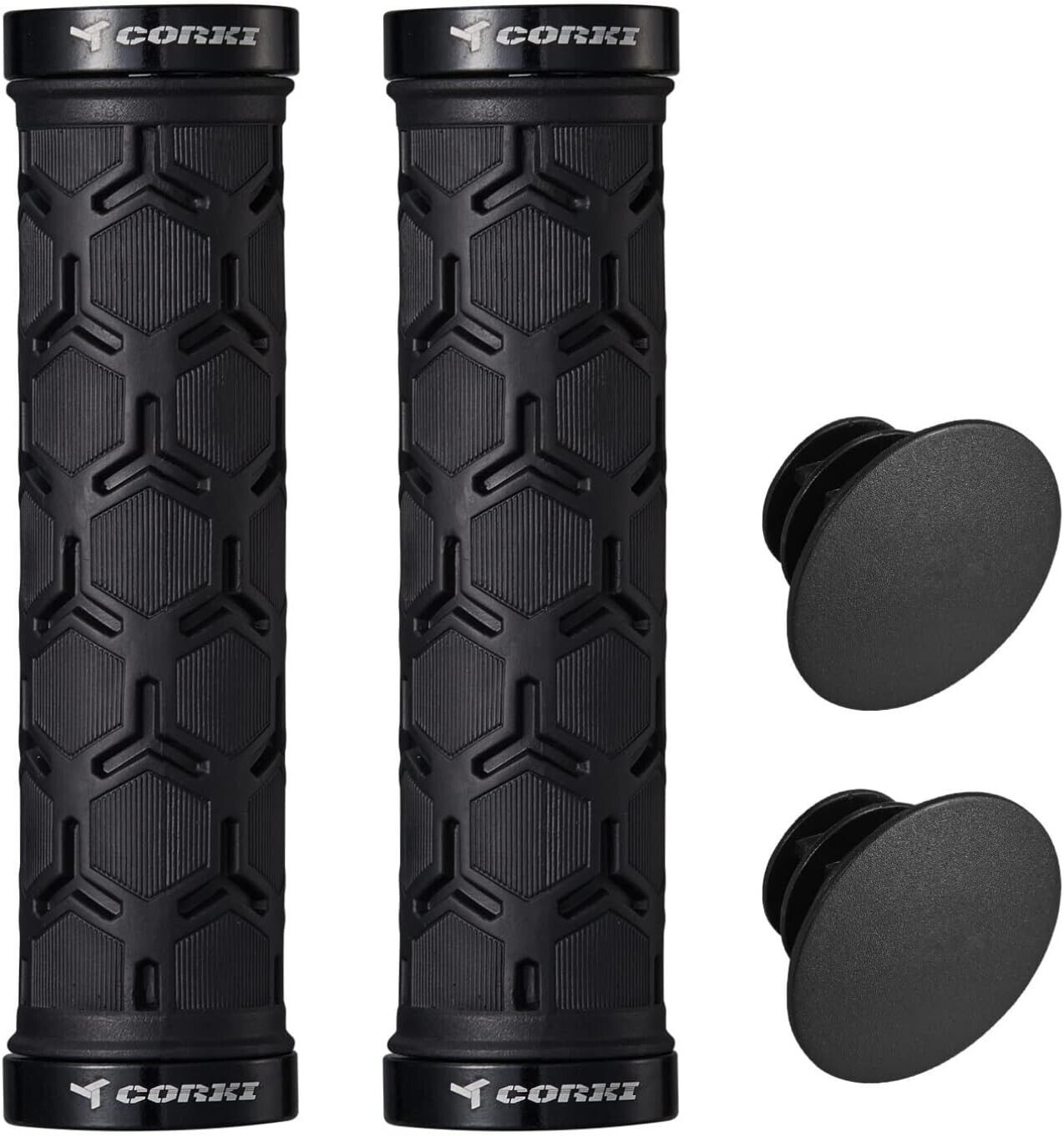 CORKI BI-Cycles Double Lock On Mountain Bike Grips, & FREE CORKI Valve Stem pack