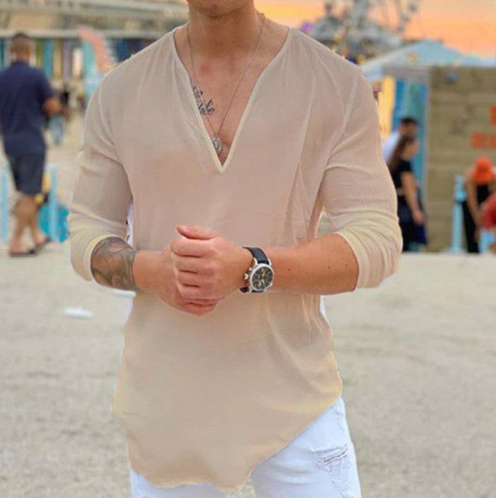 Men's V-Neck Casual Solid Color Long Sleeve T-Shirt Shirt Top