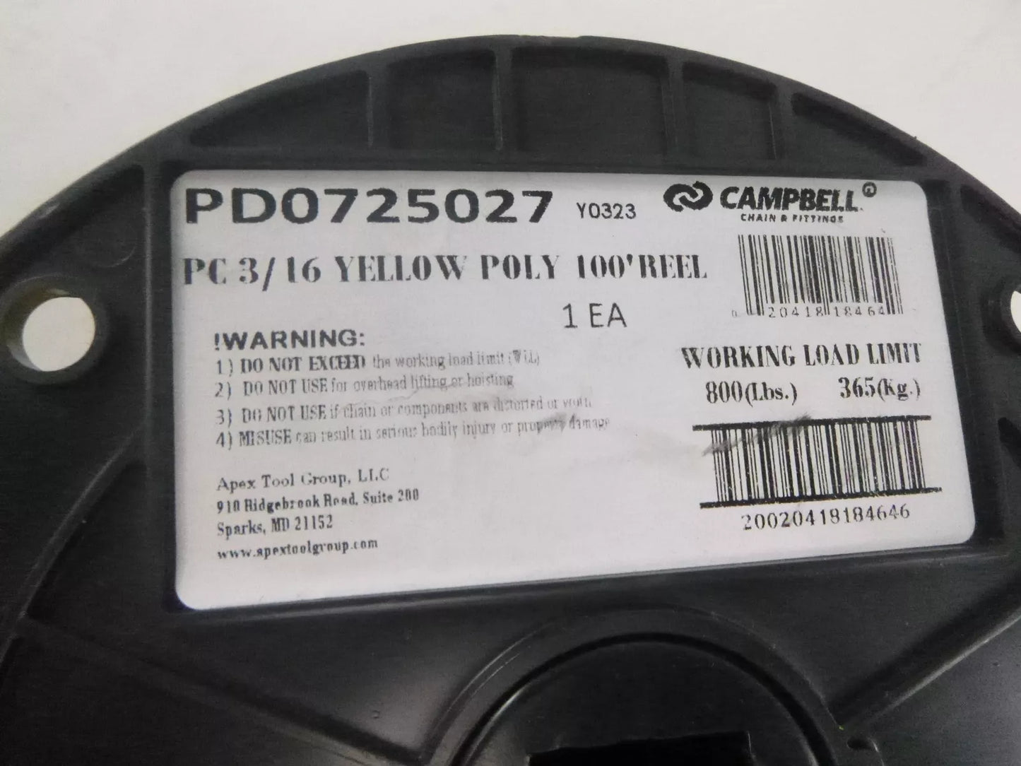 Campbell PD0725027 3/16 X 100' Yellow Poly Proof Coil Chain Reel