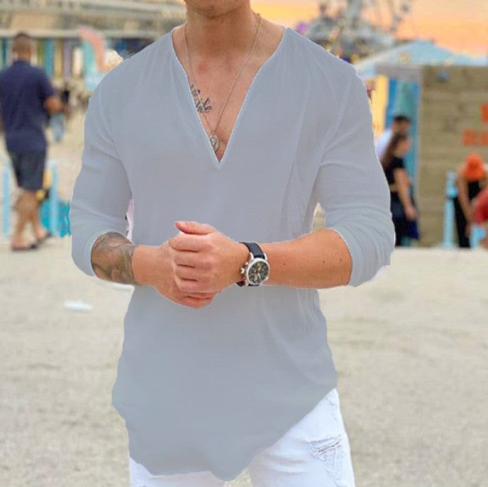 Men's V-Neck Casual Solid Color Long Sleeve T-Shirt Shirt Top