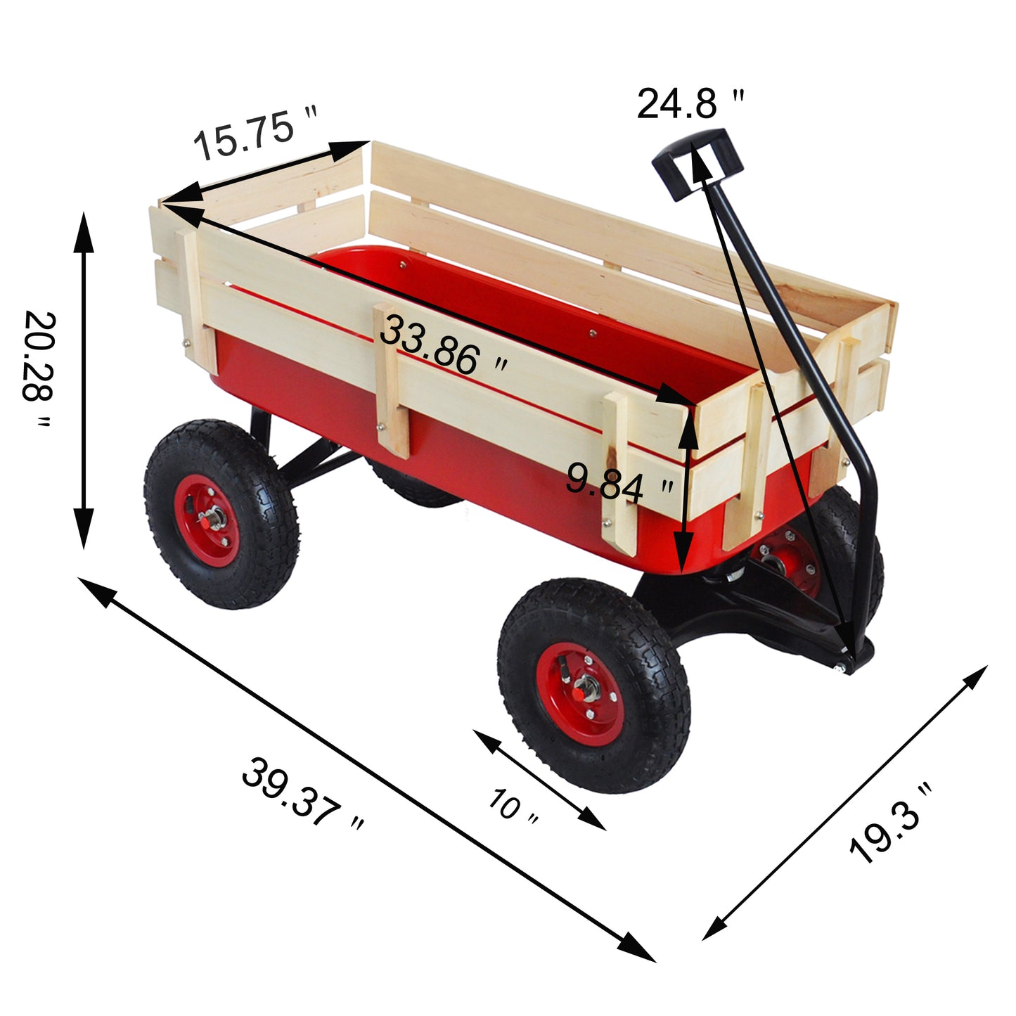 Outdoor Wagon All Terrain Pulling w/Wood Railing Air Tires Children Kid Garden（Red）