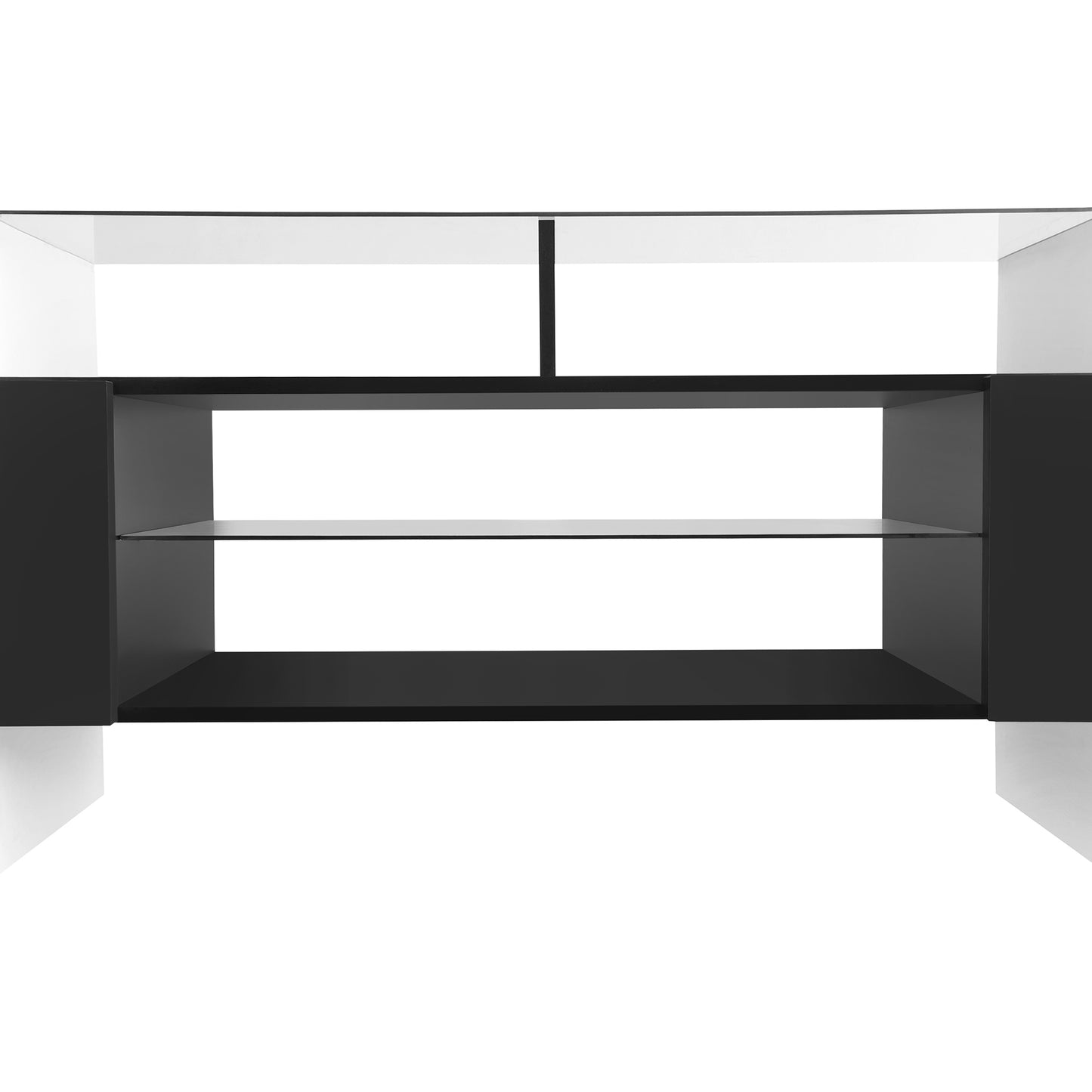 ON-TREND Unique Shape TV Stand with 2 Illuminated Glass Shelves, High Gloss Entertainment Center for TVs Up to 80", Versatile TV Cabinet with LED Color Changing Lights for Living Room, Black&White
