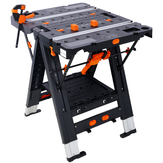 Portable Folding Work Table – 2-in-1 Sawhorse & Workbench with Heavy-Duty Load Capacity + 2 Clamps – Compact, Durable, and Multi-Purpose for Woodworking, Repairs, and DIY