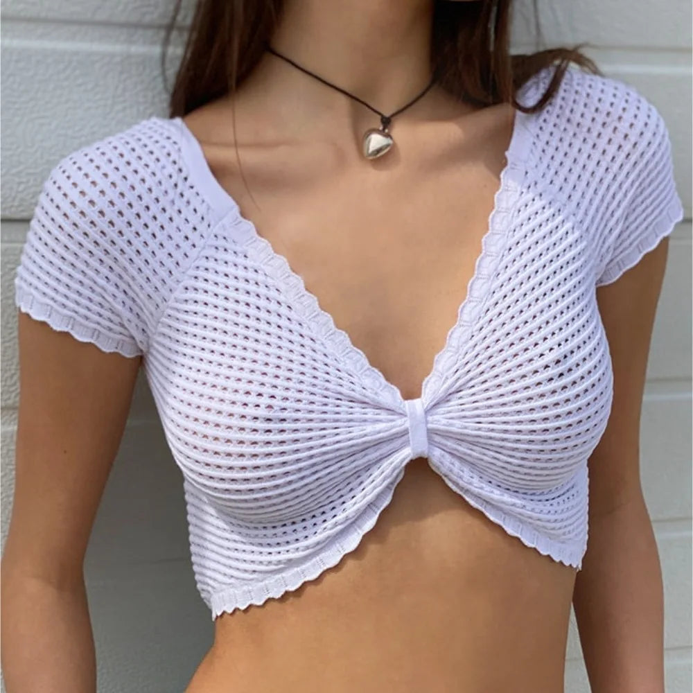 Knit Hollow Short-Sleeved Wrapped Vest Top