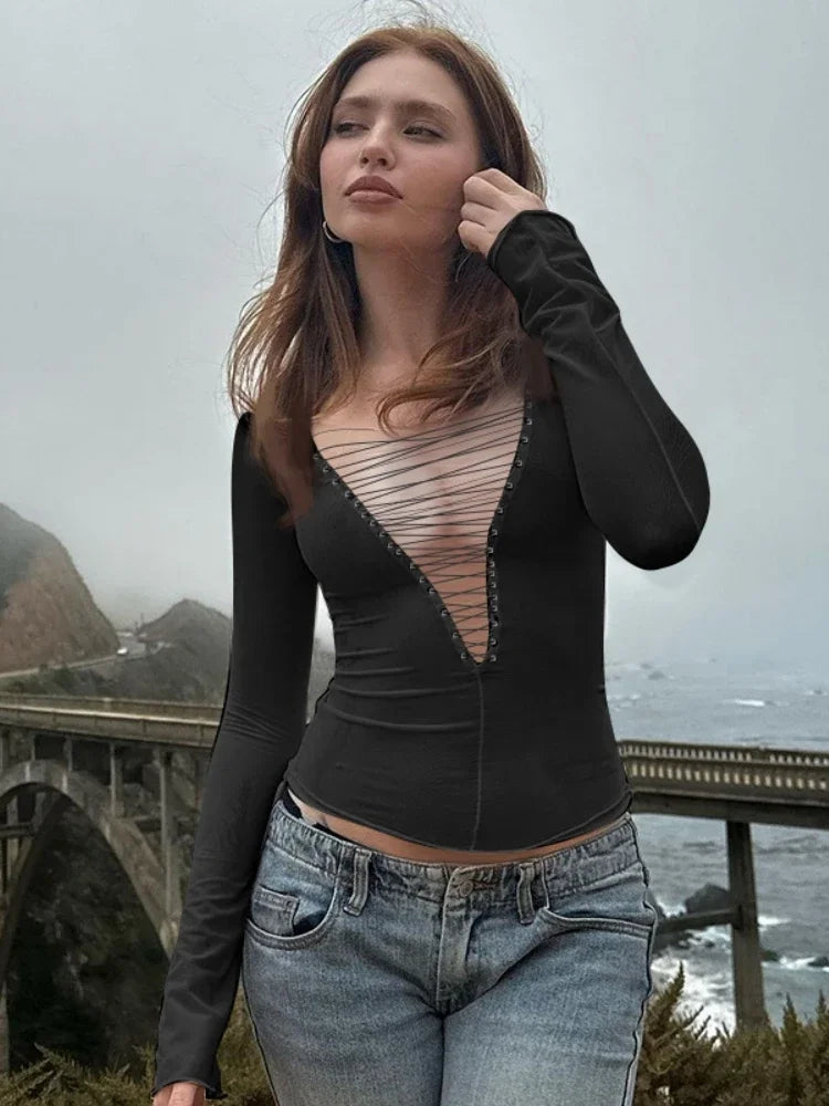 V-Neck Hollow-Out Long Sleeve Slim-Fit Top T Shirt