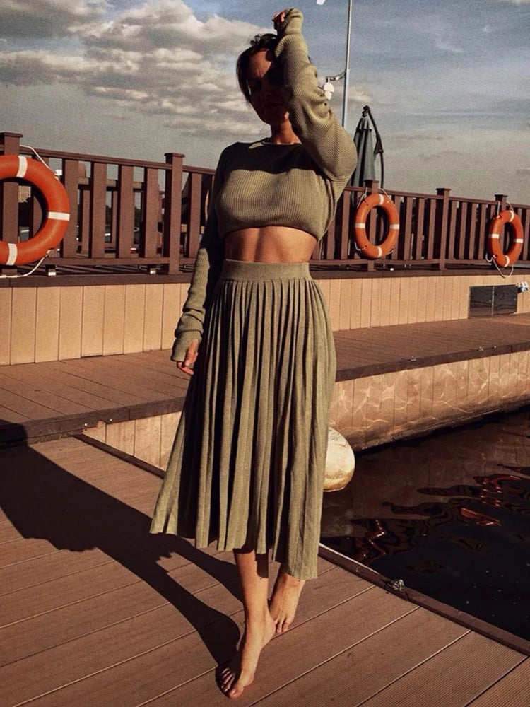 Solid Sexy Sweater Cropped Top Midi Skirt Two Piece Set