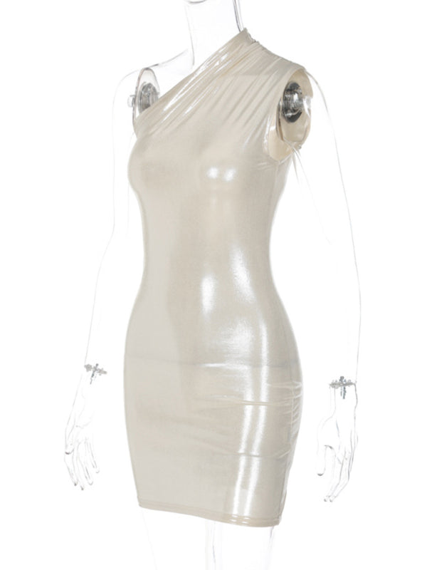 Solid Color Slant Shoulder Sleeveless Hip Dress