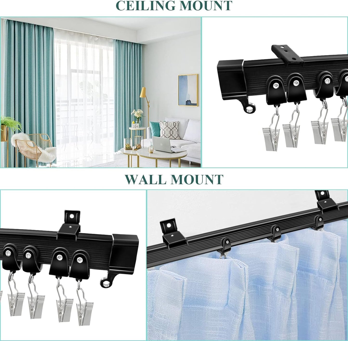 Ceiling Curtain Track, Flexible Bendable Curtain Track 20Ft Black Curved Ceiling Track for Curtain Rail Ceiling Wall Mount Curtain Sliding Track System Set for RV, Bay Window, Room Divider