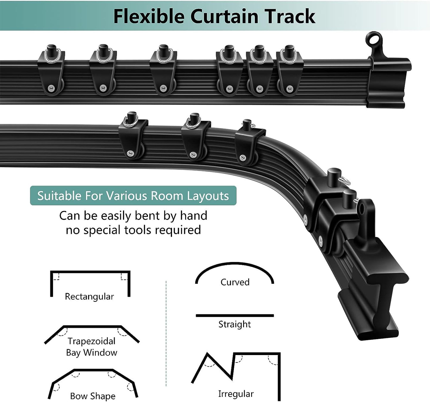 Ceiling Curtain Track, Flexible Bendable Curtain Track 20Ft Black Curved Ceiling Track for Curtain Rail Ceiling Wall Mount Curtain Sliding Track System Set for RV, Bay Window, Room Divider